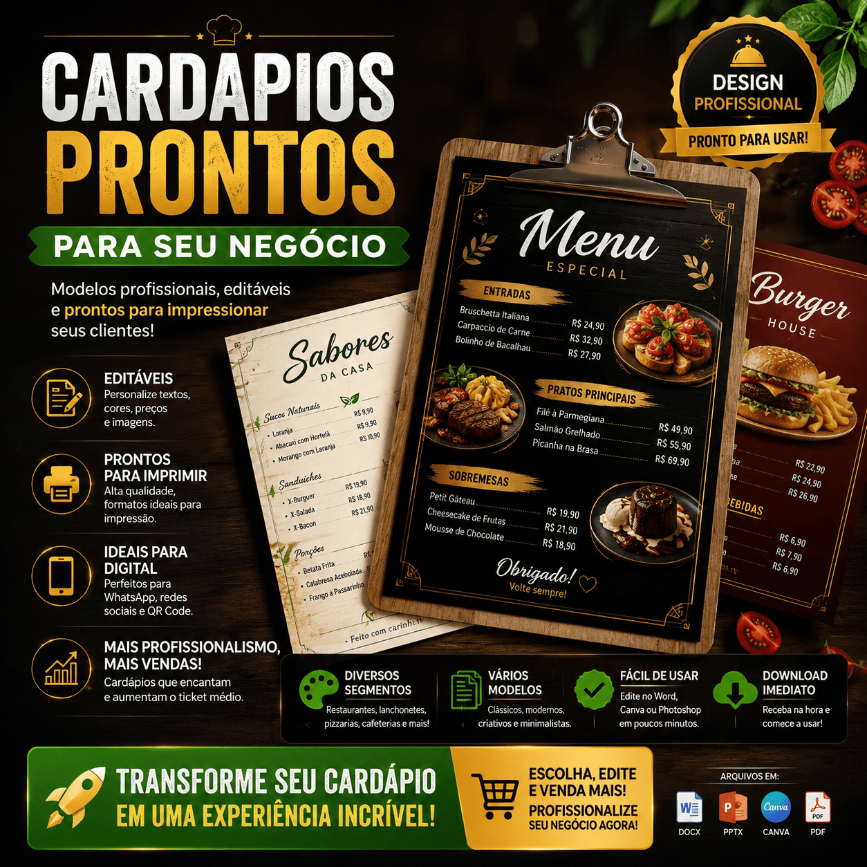 🗒️ Cardápios Profissionais Prontos