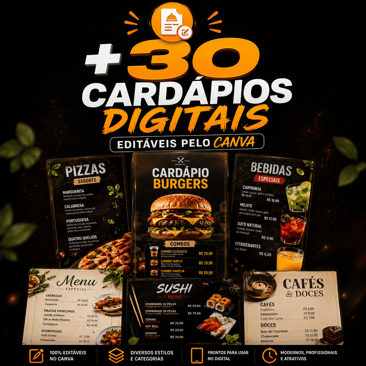 +30 Cardápios Digitais Editáveis pelo Ca