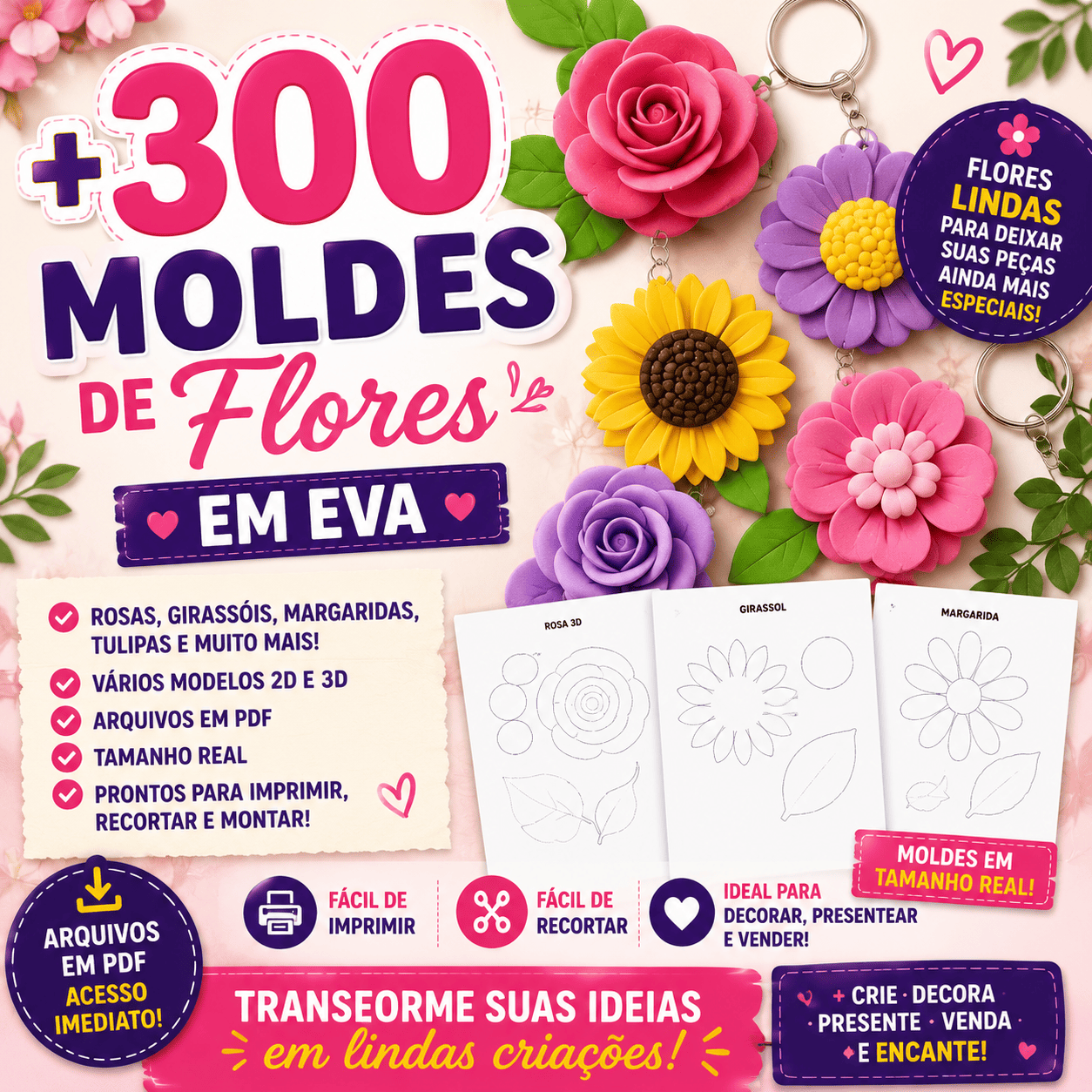 🌸 +300 Moldes de Flores em EVA