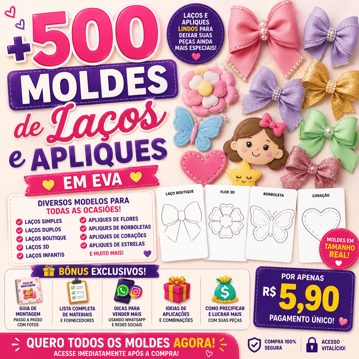 🎀 +500 Moldes de Laços e Apliques