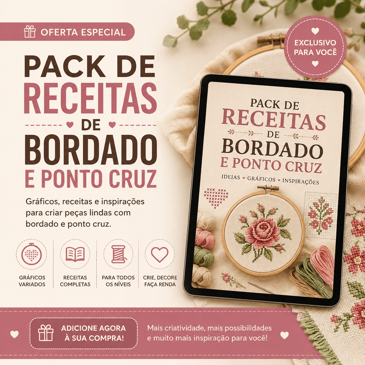 Pack Receitas de Bordado e Ponto Cruz 🧵