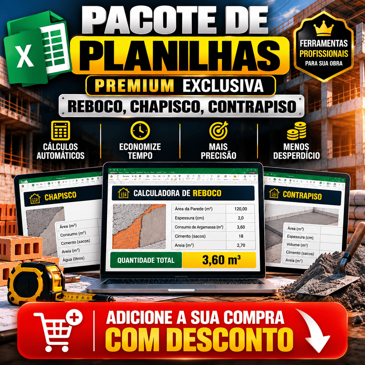 Pacote de Planilhas - Reboco, Chapisco..