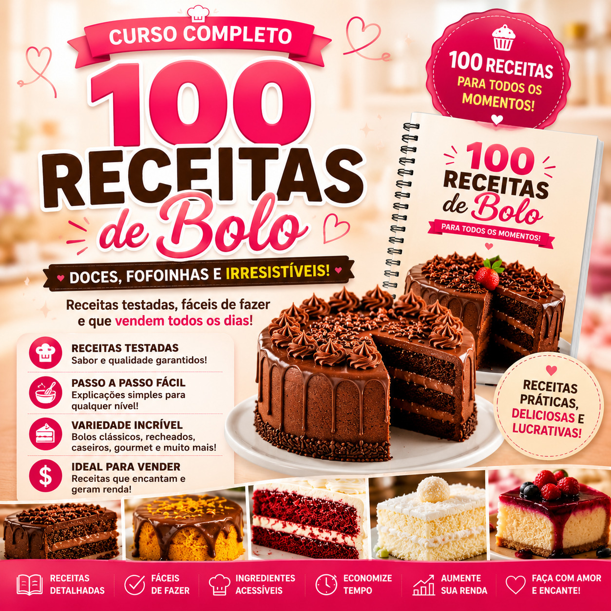 100 receitas de bolos para fazer e vende